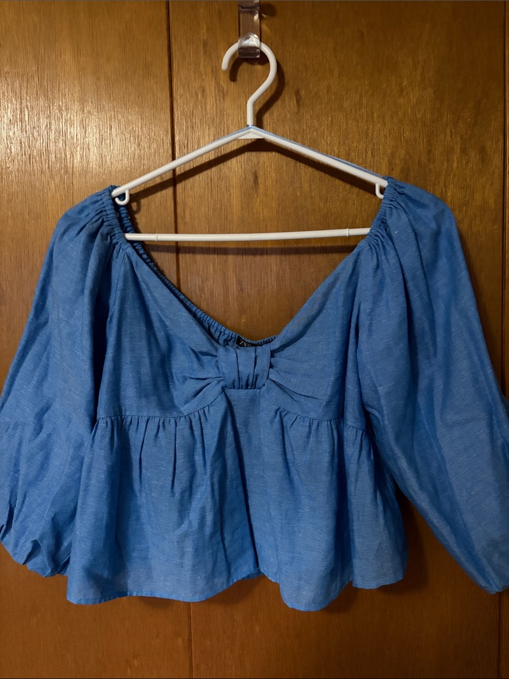 Zara Blue Peasant Blouse with Bow Detail